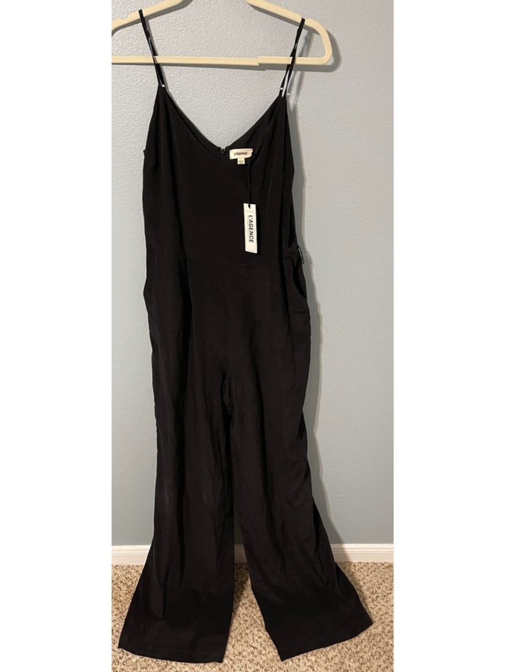 L’AGENCE Silk Blend Black Jumpsuit Wide Leg Spaghetti Strap V Neck Size 8